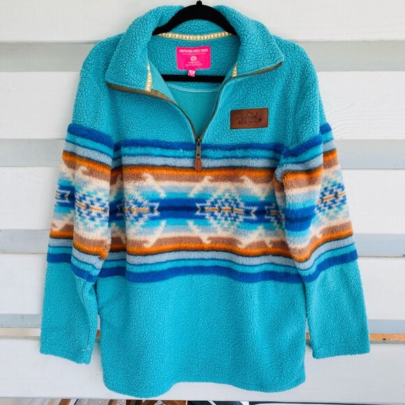 Southern Fried Chics Turquoise & Multicolor Sherpa Pullover with Aztec Pattern W - Picture 1 of 11